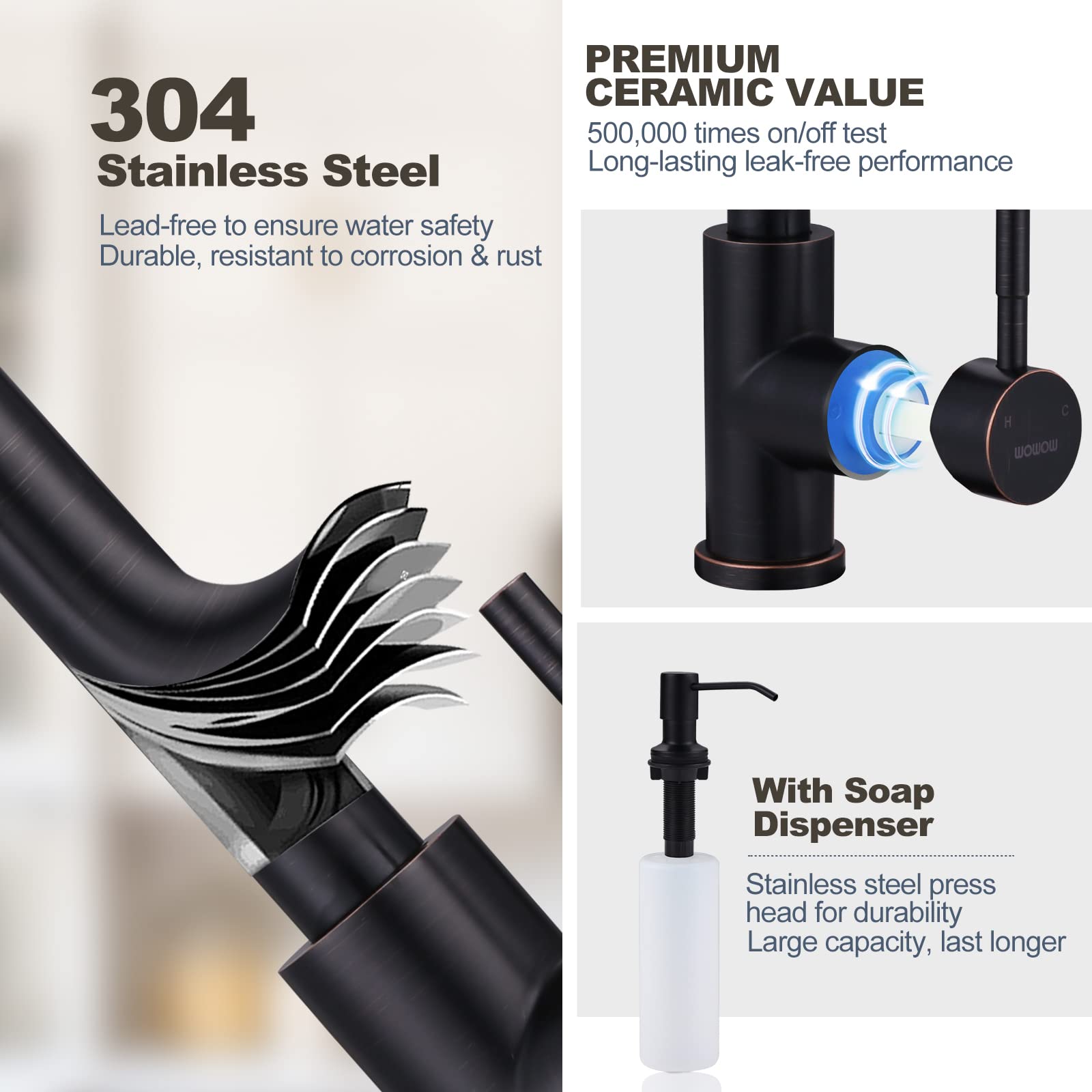 Oil-Rubbed Bronze Kitchen Faucet with Soap Dispenser  WOWOW Stainless Steel Kitchen Faucets for Sink  Pull Down Kitchen Faucet Single Handle High Arc Kitchen Sink Faucet with Deck-Plate